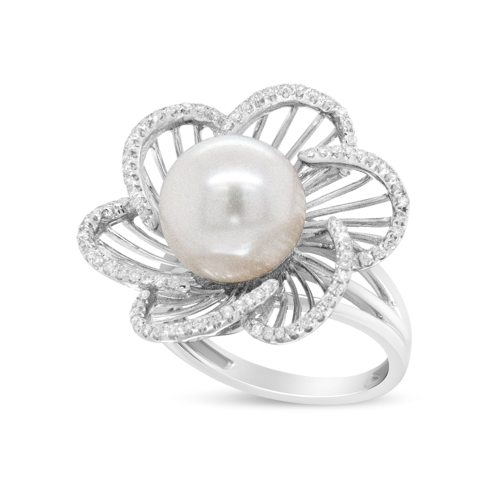 14K White Gold 11mm Round Pearl and 1/3 Cttw Round Diamond Openwork Flower Blossom Ring (H-I Color, VS1-VS2 Clarity) - Size 6.50 Bids.com