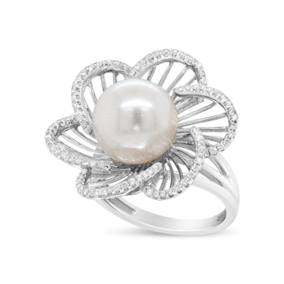 14K White Gold 11mm Round Pearl and 1/3 Cttw Round Diamond Openwork Flower Blossom Ring (H-I Color, VS1-VS2 Clarity) - Size 6.50 Bids.com