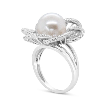 14K White Gold 11mm Round Pearl and 1/3 Cttw Round Diamond Openwork Flower Blossom Ring (H-I Color, VS1-VS2 Clarity) - Size 6.50 Bids.com