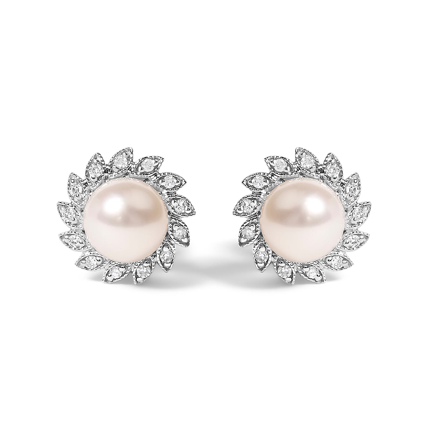 10K White Gold Heirloom-Style Pearl and Diamond Accent Halo Stud Earrings (I-J color, I1-I2 Clarity) Bids.com