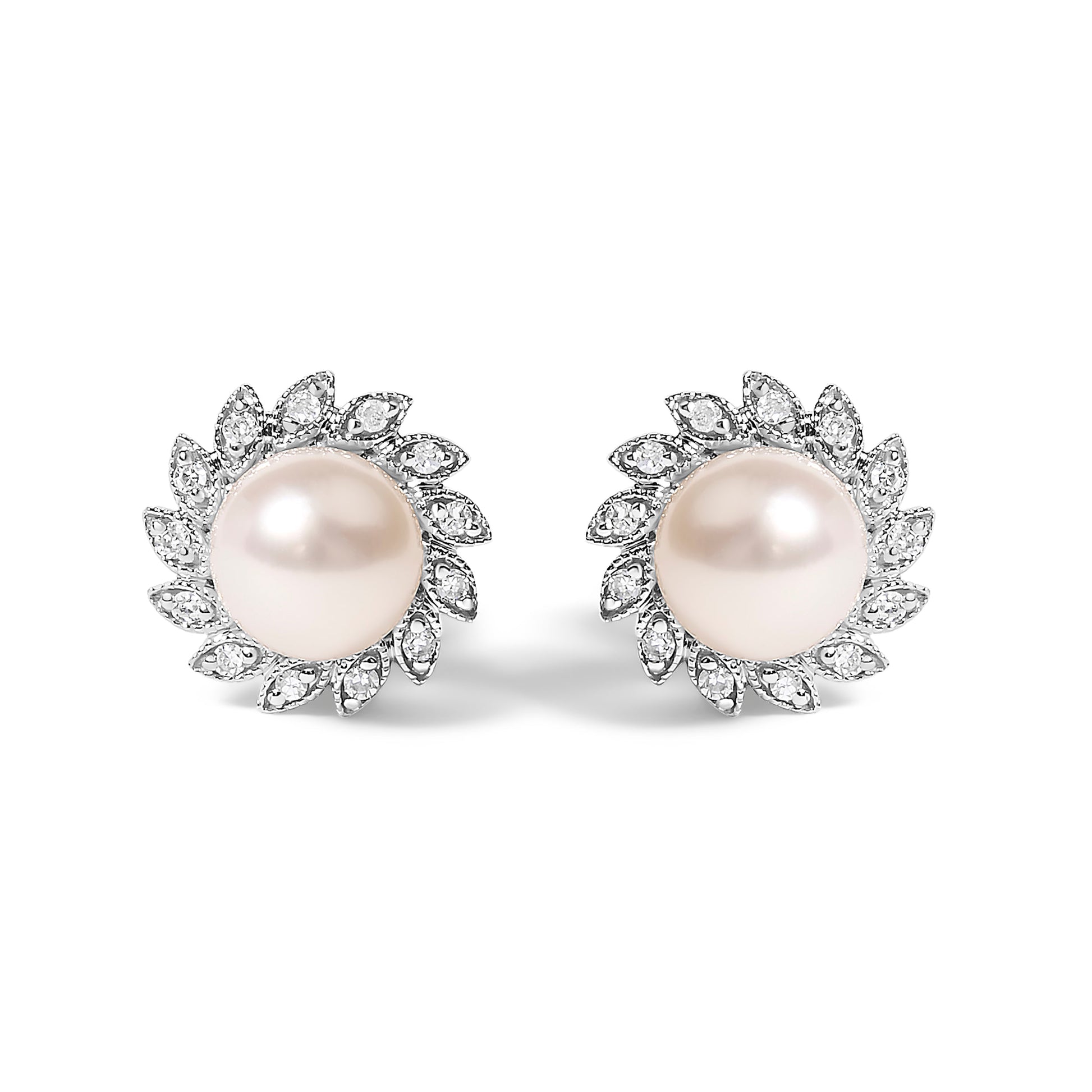 10K White Gold Heirloom-Style Pearl and Diamond Accent Halo Stud Earrings (I-J color, I1-I2 Clarity) Bids.com