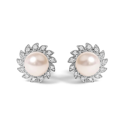 10K White Gold Heirloom-Style Pearl and Diamond Accent Halo Stud Earrings (I-J color, I1-I2 Clarity) Bids.com