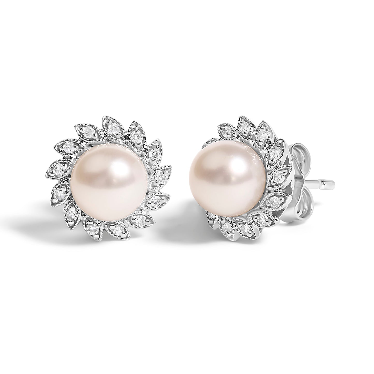 10K White Gold Heirloom-Style Pearl and Diamond Accent Halo Stud Earrings (I-J color, I1-I2 Clarity) Bids.com