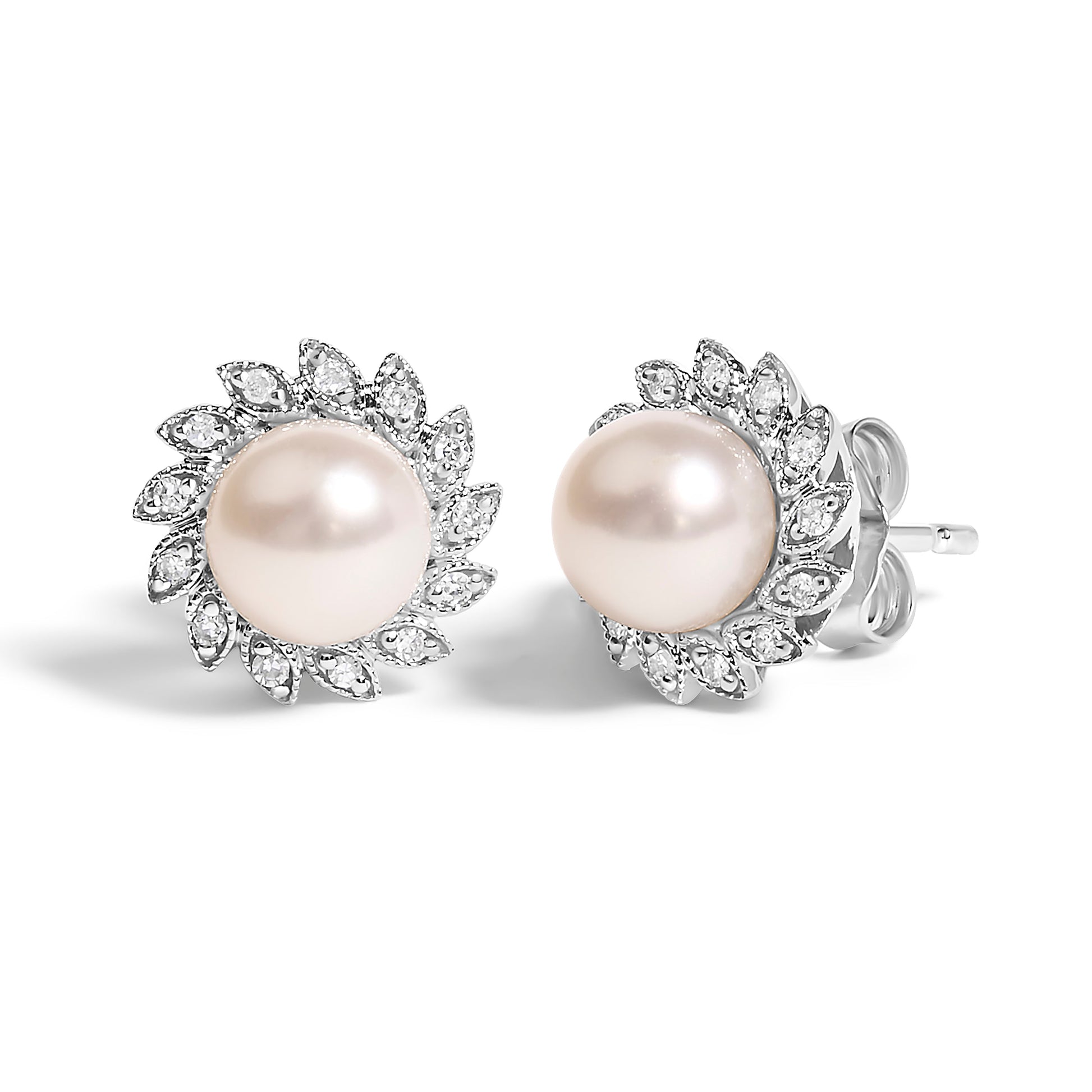 10K White Gold Heirloom-Style Pearl and Diamond Accent Halo Stud Earrings (I-J color, I1-I2 Clarity) Bids.com