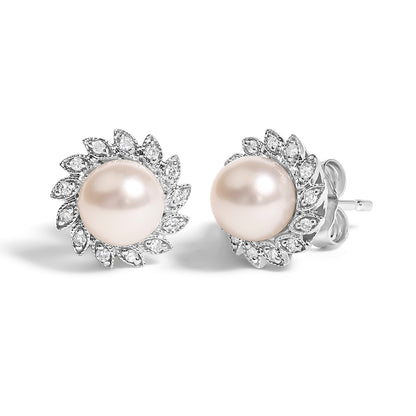 10K White Gold Heirloom-Style Pearl and Diamond Accent Halo Stud Earrings (I-J color, I1-I2 Clarity) Bids.com