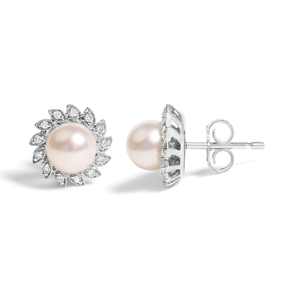 10K White Gold Heirloom-Style Pearl and Diamond Accent Halo Stud Earrings (I-J color, I1-I2 Clarity) Bids.com
