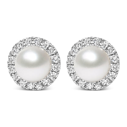 10K White Gold 4.5mm Cultured Freshwater Pearl and 1/7 Cttw Diamond Halo Stud Earring (I-J Color, I1-I2 Clarity) Bids.com