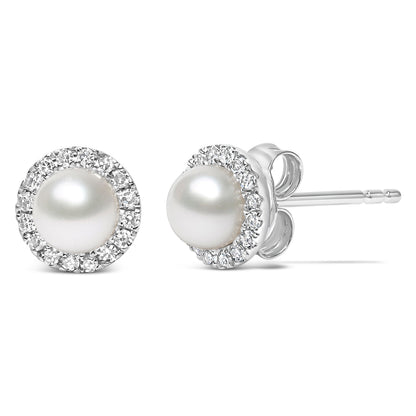 10K White Gold 4.5mm Cultured Freshwater Pearl and 1/7 Cttw Diamond Halo Stud Earring (I-J Color, I1-I2 Clarity) Bids.com