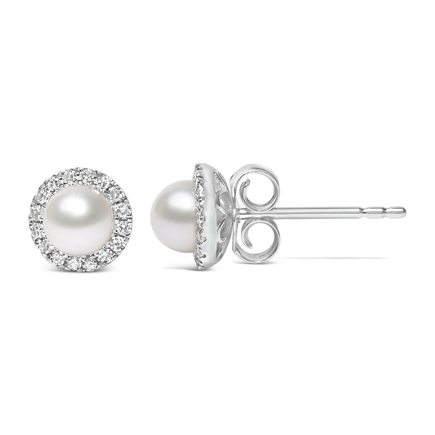 10K White Gold 4.5mm Cultured Freshwater Pearl and 1/7 Cttw Diamond Halo Stud Earring (I-J Color, I1-I2 Clarity) Bids.com