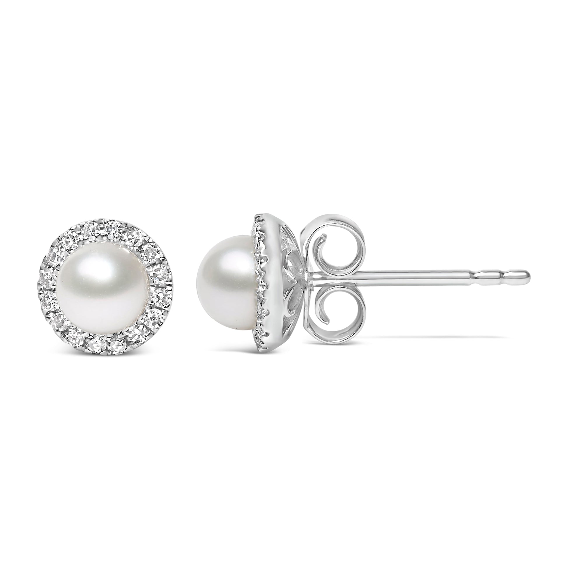 10K White Gold 4.5mm Cultured Freshwater Pearl and 1/7 Cttw Diamond Halo Stud Earring (I-J Color, I1-I2 Clarity) Bids.com
