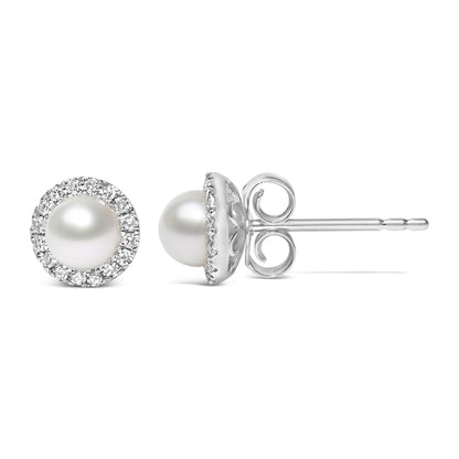 10K White Gold 4.5mm Cultured Freshwater Pearl and 1/7 Cttw Diamond Halo Stud Earring (I-J Color, I1-I2 Clarity) Bids.com