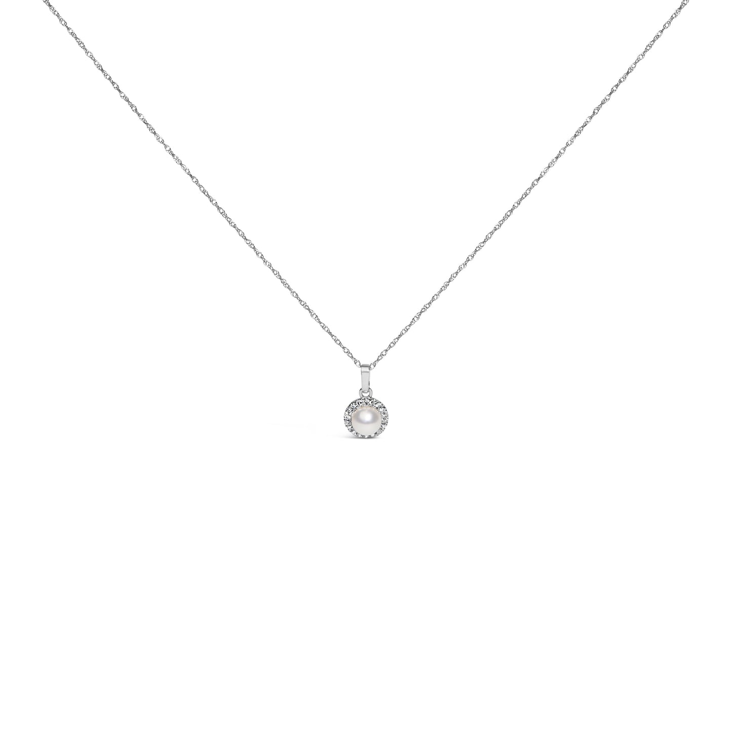 10K White Gold 5MM Cultured Pearl and Diamond Accent Halo Pendant Necklace Bids.com