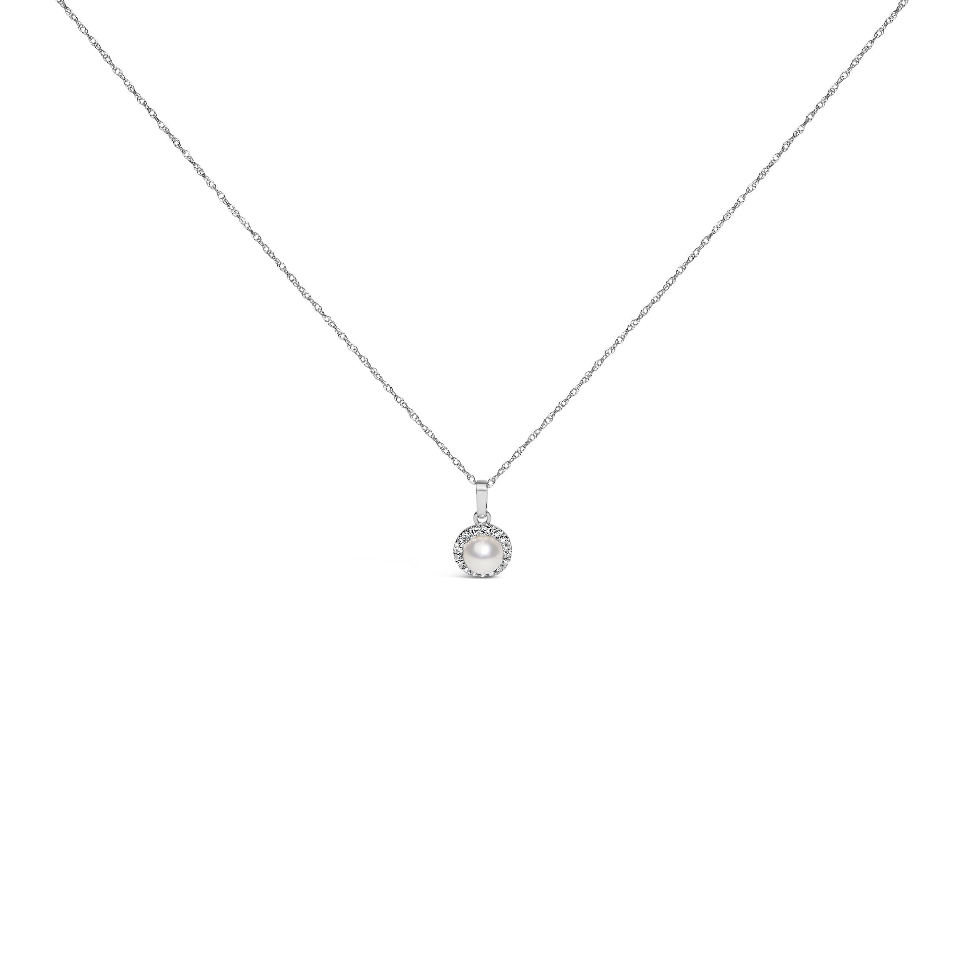10K White Gold 5MM Cultured Pearl and Diamond Accent Halo Pendant Necklace Bids.com