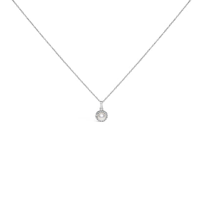 10K White Gold 5MM Cultured Pearl and Diamond Accent Halo Pendant Necklace Bids.com