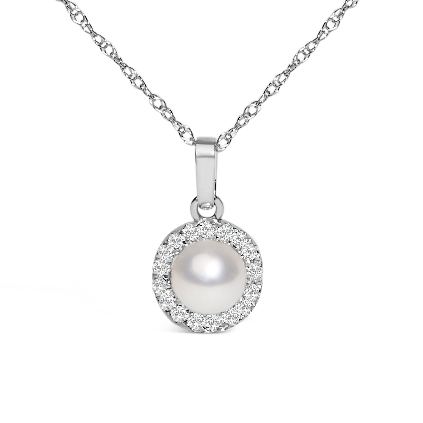 10K White Gold 5MM Cultured Pearl and Diamond Accent Halo Pendant Necklace Bids.com