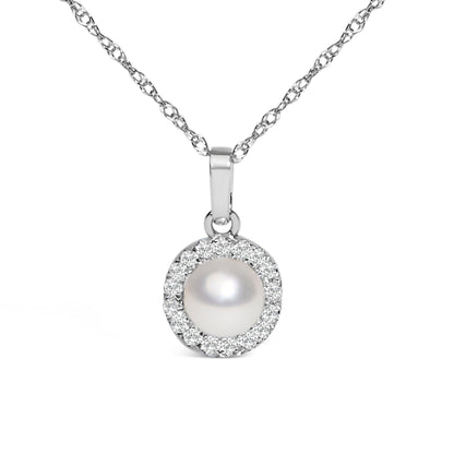 10K White Gold 5MM Cultured Pearl and Diamond Accent Halo Pendant Necklace Bids.com