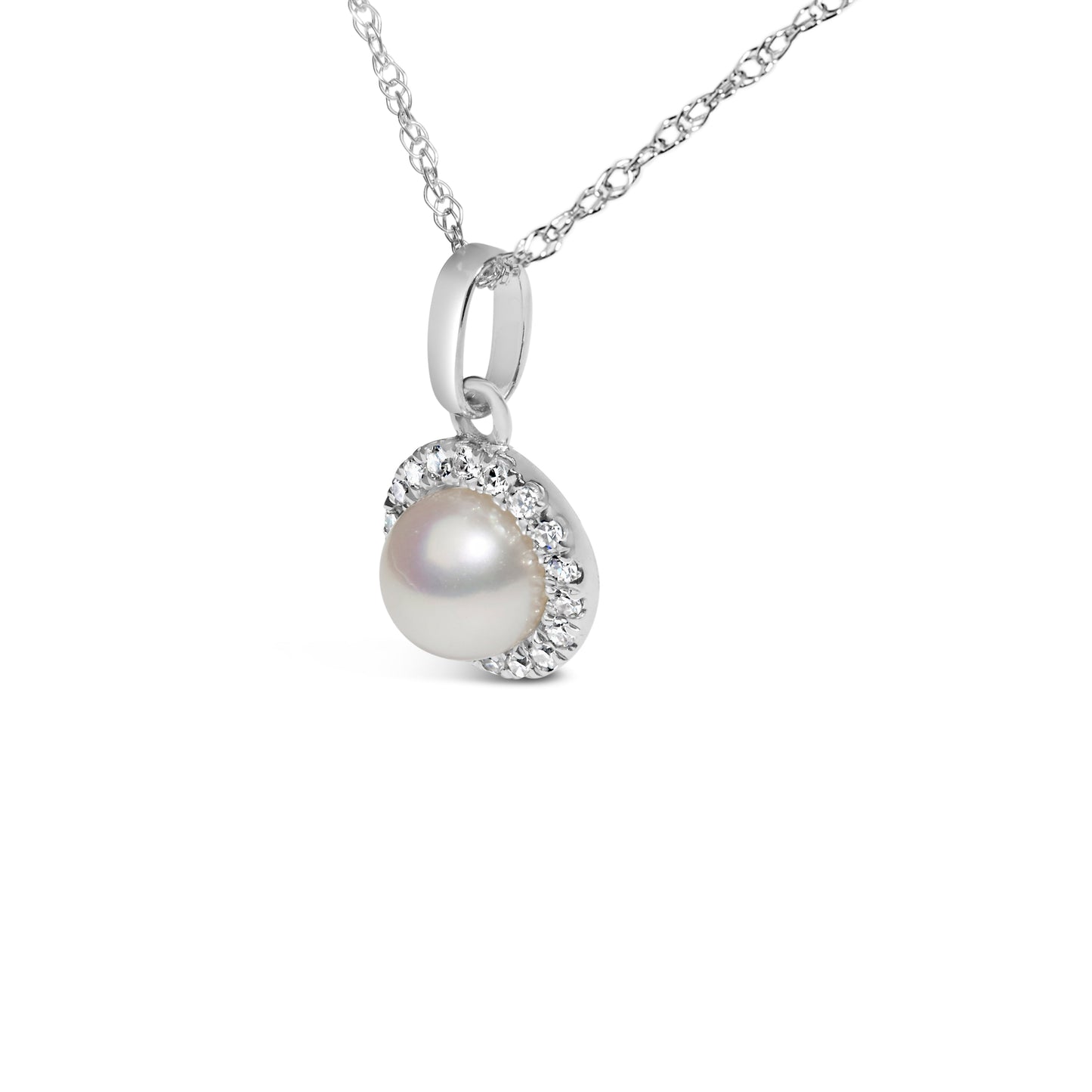 10K White Gold 5MM Cultured Pearl and Diamond Accent Halo Pendant Necklace Bids.com