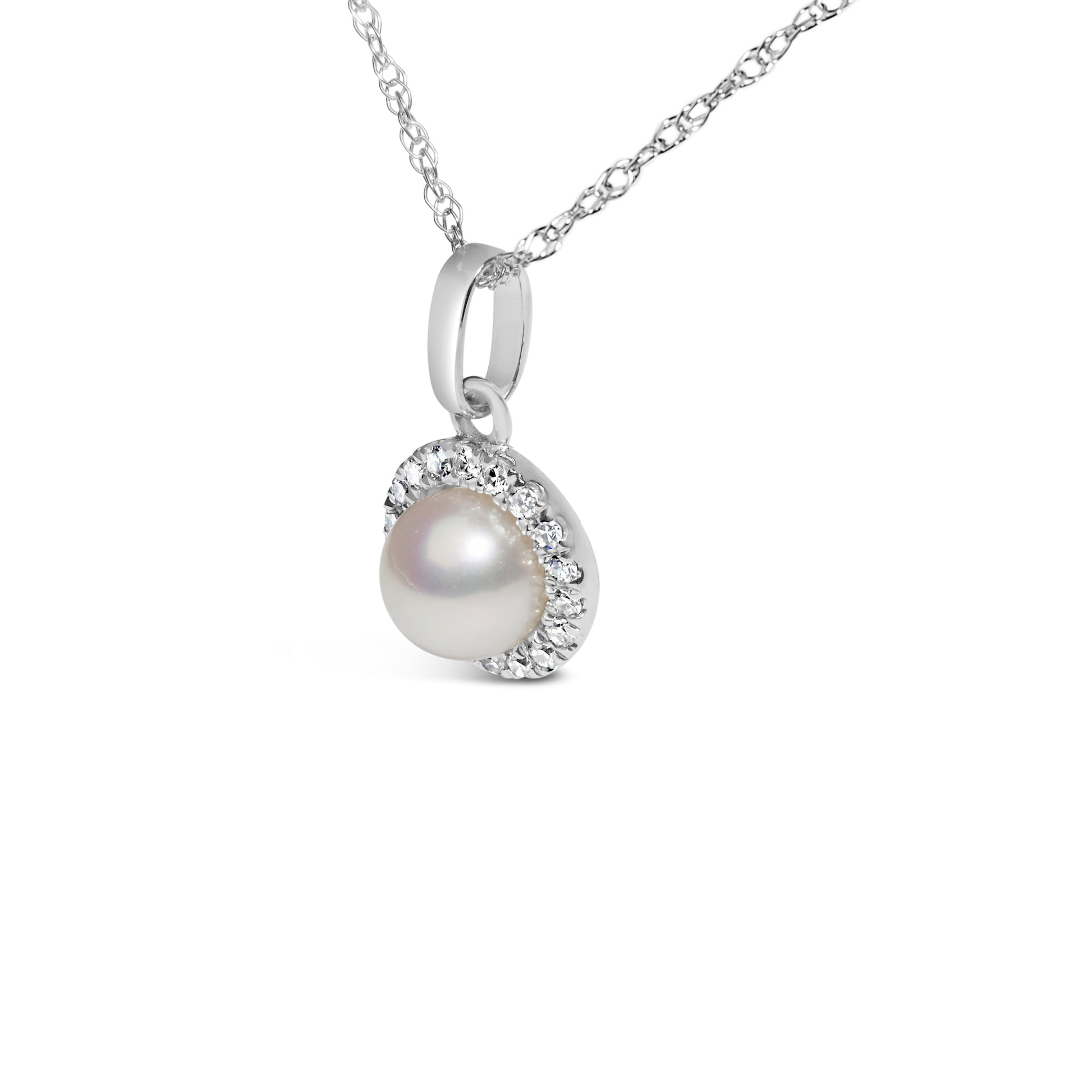 10K White Gold 5MM Cultured Pearl and Diamond Accent Halo Pendant Necklace Bids.com