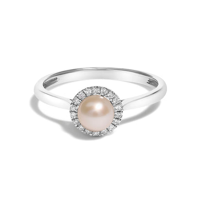 10K White Gold 5MM Cultured Freshwater Pearl  and Diamond Halo Ring (I-J Color, I1-I2 Clarity) - Ring Size 6.5 Bids.com