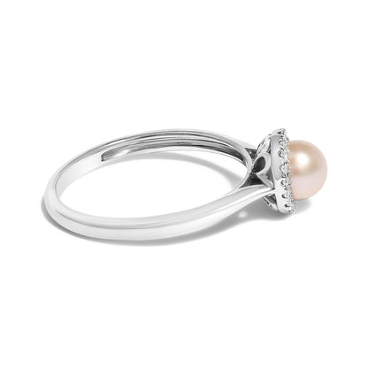 10K White Gold 5MM Cultured Freshwater Pearl  and Diamond Halo Ring (I-J Color, I1-I2 Clarity) - Ring Size 6.5 Bids.com