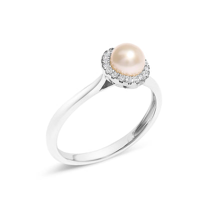10K White Gold 5MM Cultured Freshwater Pearl  and Diamond Halo Ring (I-J Color, I1-I2 Clarity) - Ring Size 6.5 Bids.com