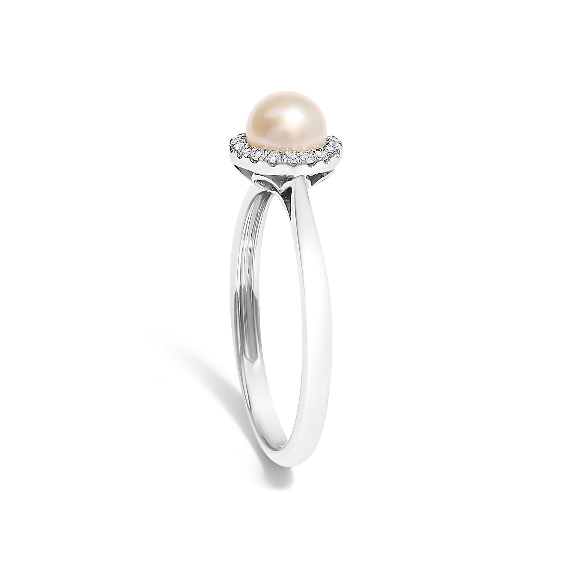 10K White Gold 5MM Cultured Freshwater Pearl  and Diamond Halo Ring (I-J Color, I1-I2 Clarity) - Ring Size 6.5 Bids.com