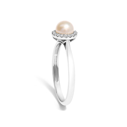 10K White Gold 5MM Cultured Freshwater Pearl  and Diamond Halo Ring (I-J Color, I1-I2 Clarity) - Ring Size 6.5 Bids.com