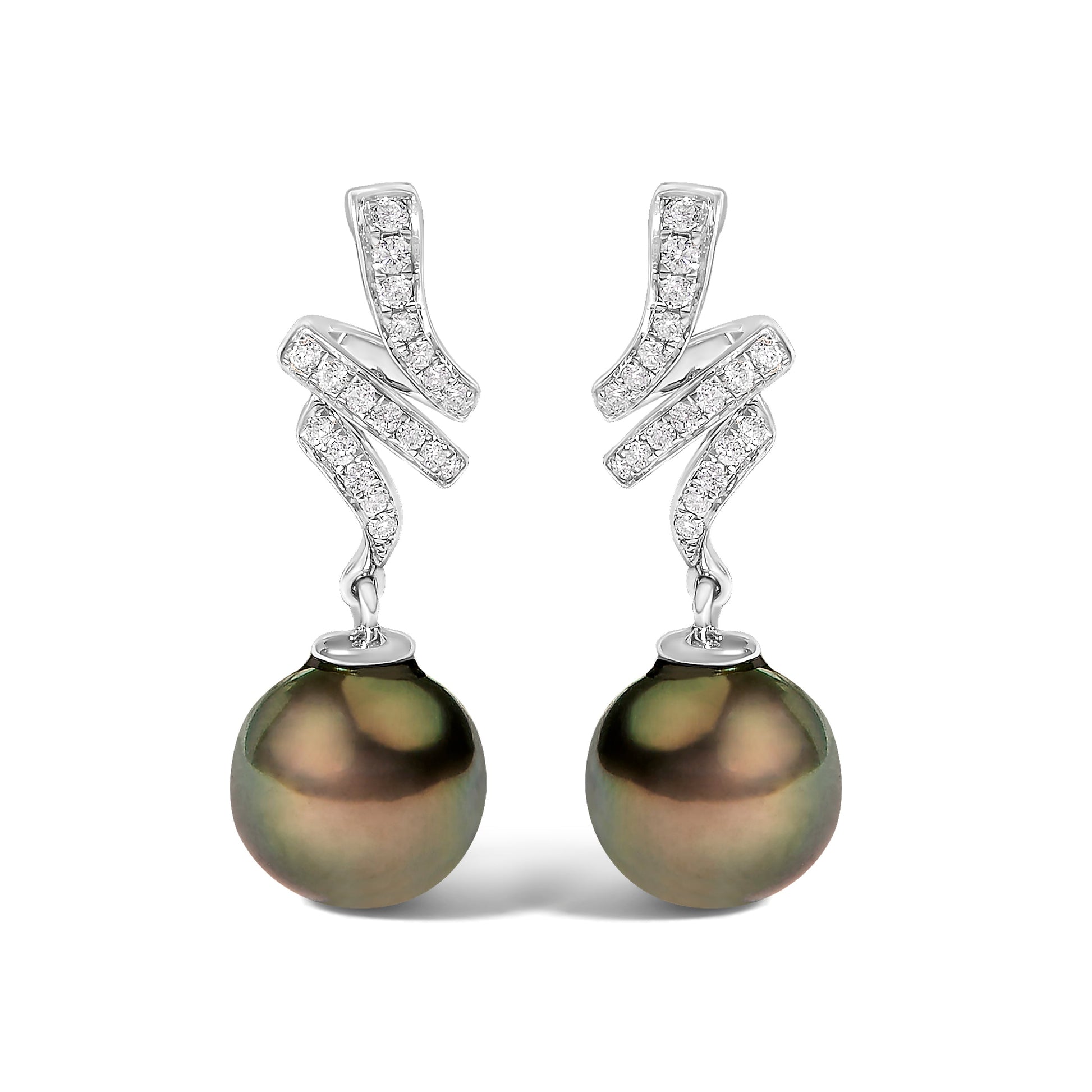 14K White Gold 9MM Cultured Black Pearl and Diamond Accent Drop and Dangle Earrings (I-J Color, SI1-SI2 Clarity) Bids.com