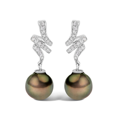14K White Gold 9MM Cultured Black Pearl and Diamond Accent Drop and Dangle Earrings (I-J Color, SI1-SI2 Clarity) Bids.com