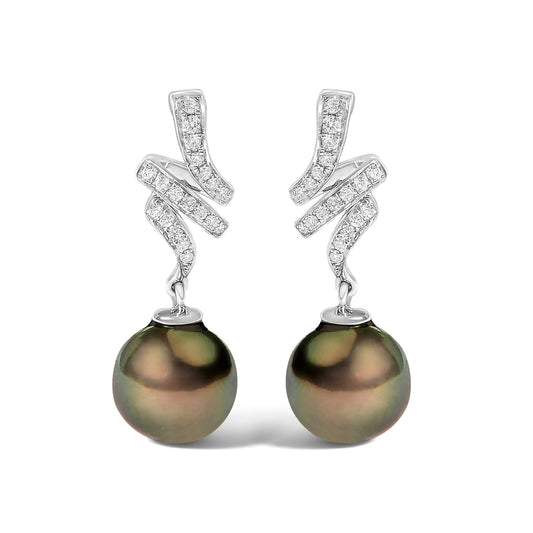 14K White Gold 9MM Cultured Black Pearl and Diamond Accent Drop and Dangle Earrings (I-J Color, SI1-SI2 Clarity) Bids.com