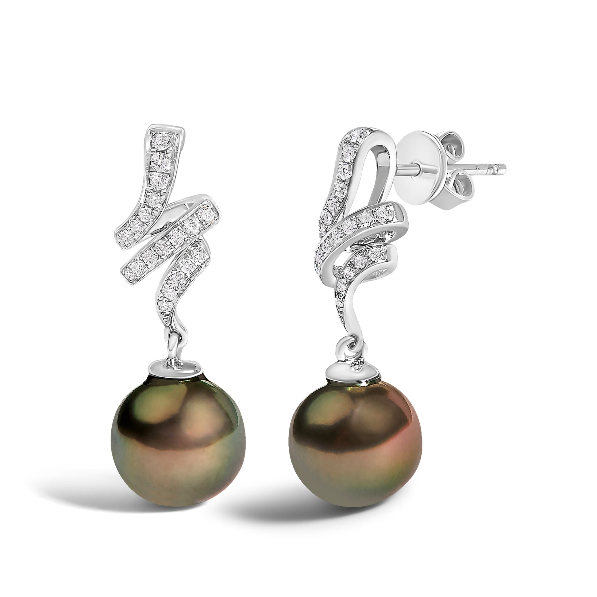 14K White Gold 9MM Cultured Black Pearl and Diamond Accent Drop and Dangle Earrings (I-J Color, SI1-SI2 Clarity) Bids.com