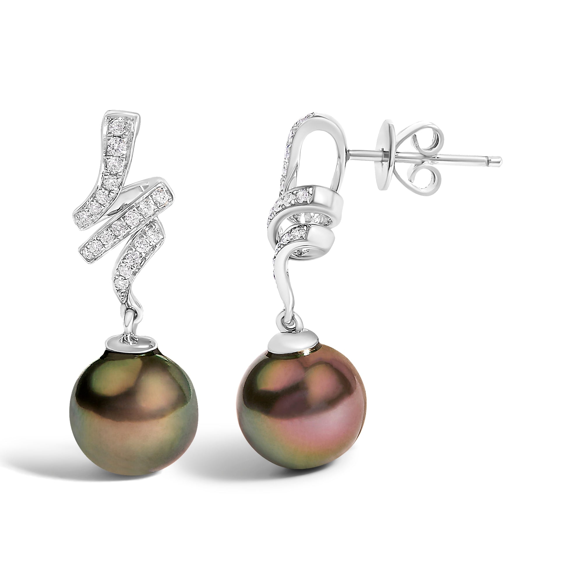 14K White Gold 9MM Cultured Black Pearl and Diamond Accent Drop and Dangle Earrings (I-J Color, SI1-SI2 Clarity) Bids.com