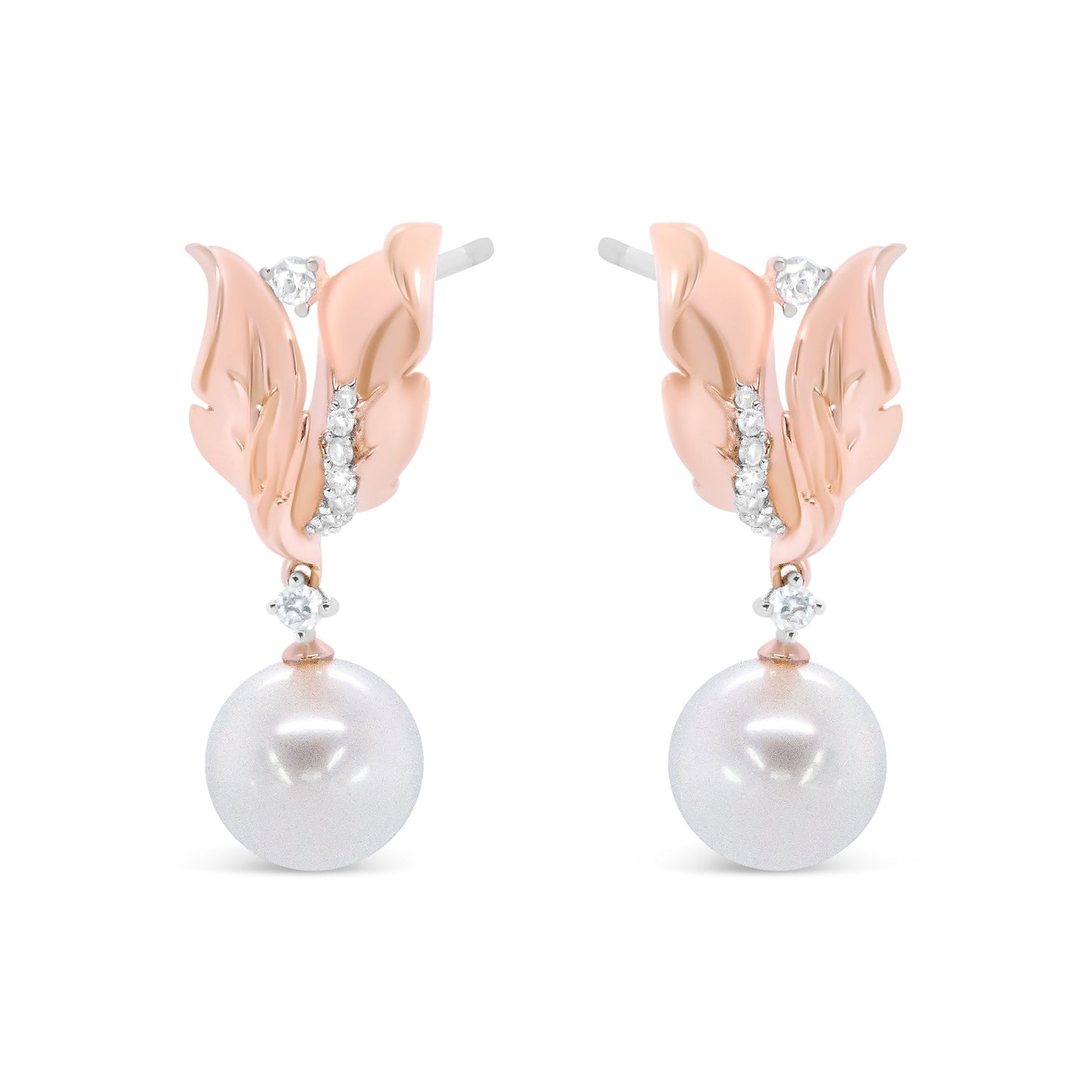 14K Rose Gold 1/6 Cttw Round Diamond and 8mm Round Pearl Floral Drop Stud Earrings (H-I Color, I1-I2 Clarity) Bids.com