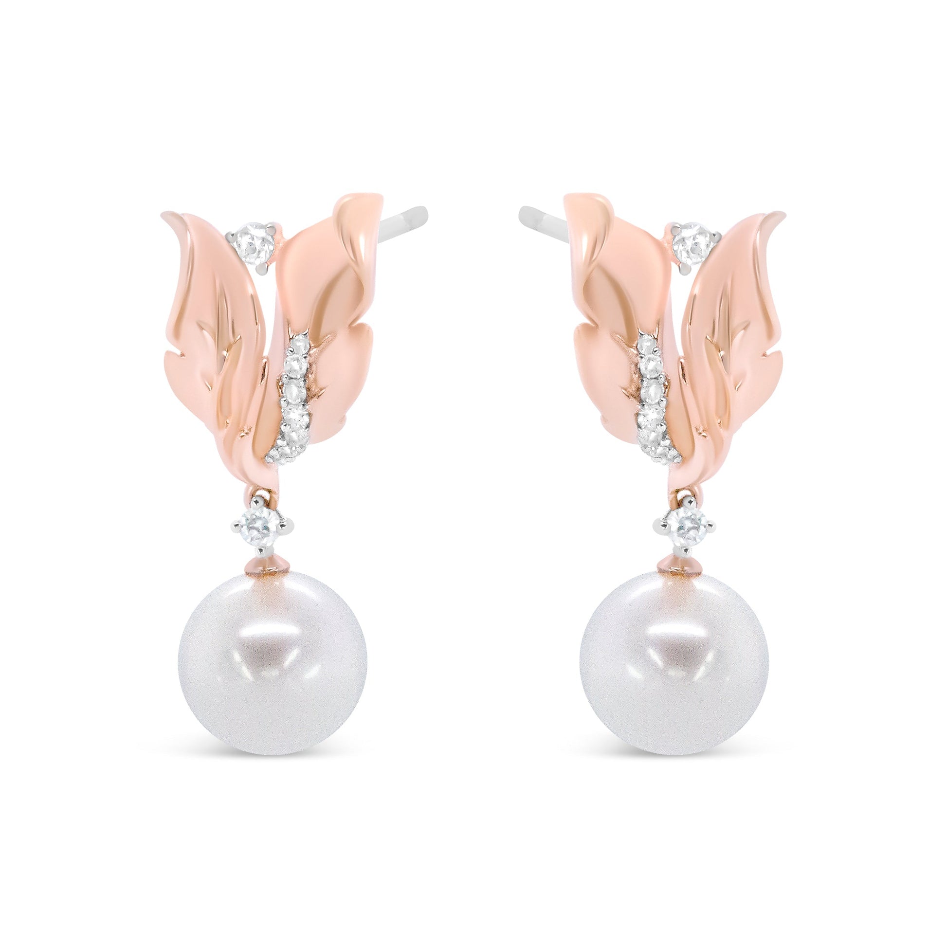 14K Rose Gold 1/6 Cttw Round Diamond and 8mm Round Pearl Floral Drop Stud Earrings (H-I Color, I1-I2 Clarity) Bids.com