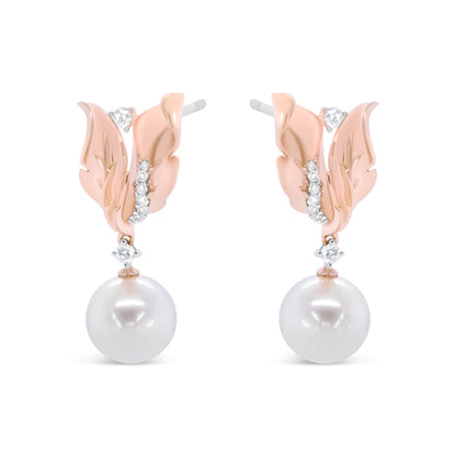 14K Rose Gold 1/6 Cttw Round Diamond and 8mm Round Pearl Floral Drop Stud Earrings (H-I Color, I1-I2 Clarity) Bids.com