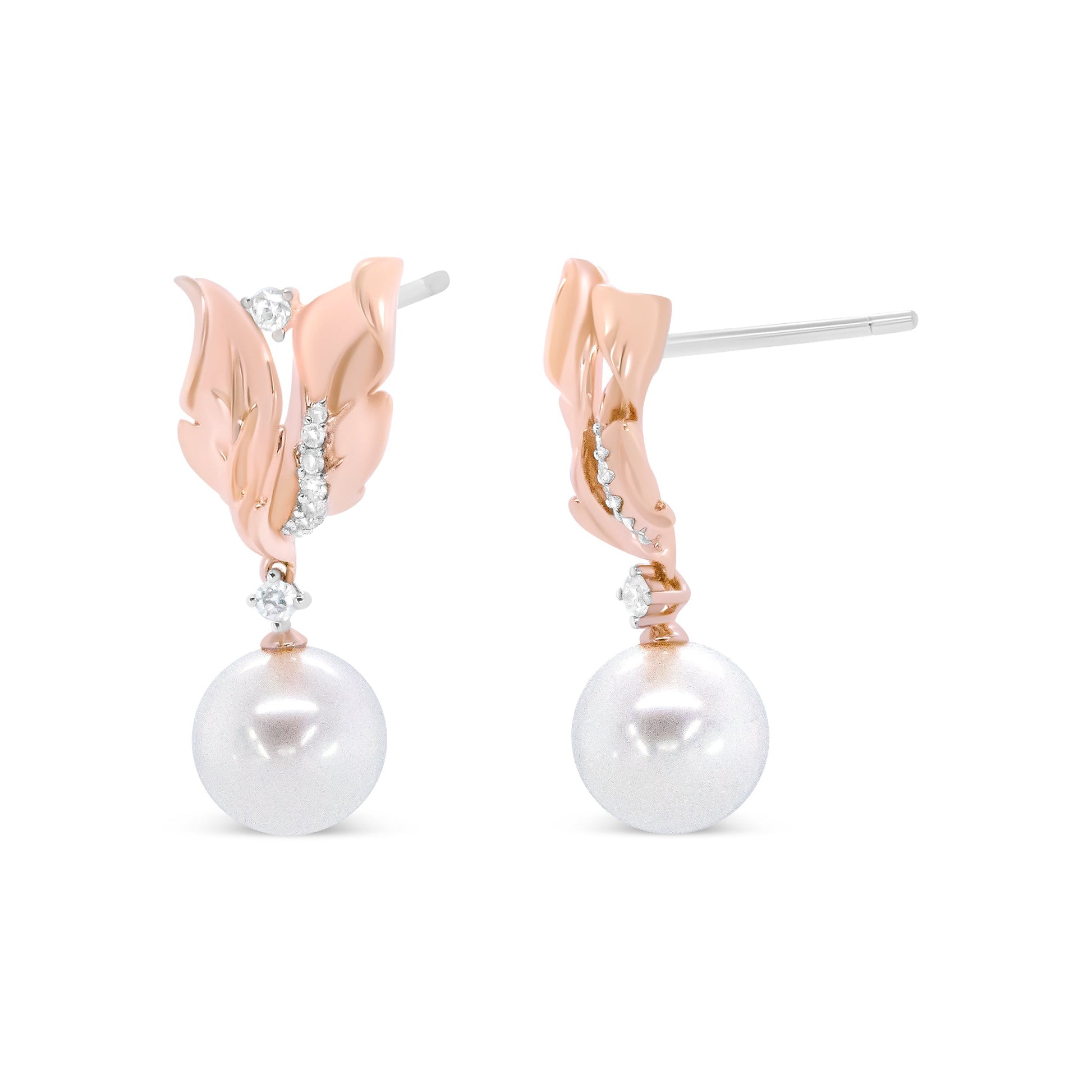 14K Rose Gold 1/6 Cttw Round Diamond and 8mm Round Pearl Floral Drop Stud Earrings (H-I Color, I1-I2 Clarity) Bids.com