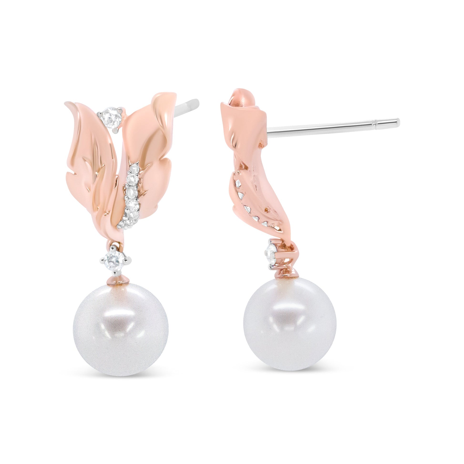 14K Rose Gold 1/6 Cttw Round Diamond and 8mm Round Pearl Floral Drop Stud Earrings (H-I Color, I1-I2 Clarity) Bids.com