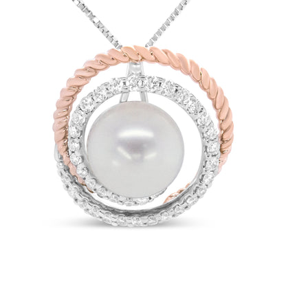 14K Rose and White Gold 3/8 Cttw Pave Diamond and 9mm Round Pearl Spiral Openwork 18" Pendant Necklace- (H-I Color, VS1-VS2 Clarity) Bids.com
