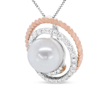 14K Rose and White Gold 3/8 Cttw Pave Diamond and 9mm Round Pearl Spiral Openwork 18" Pendant Necklace- (H-I Color, VS1-VS2 Clarity) Bids.com