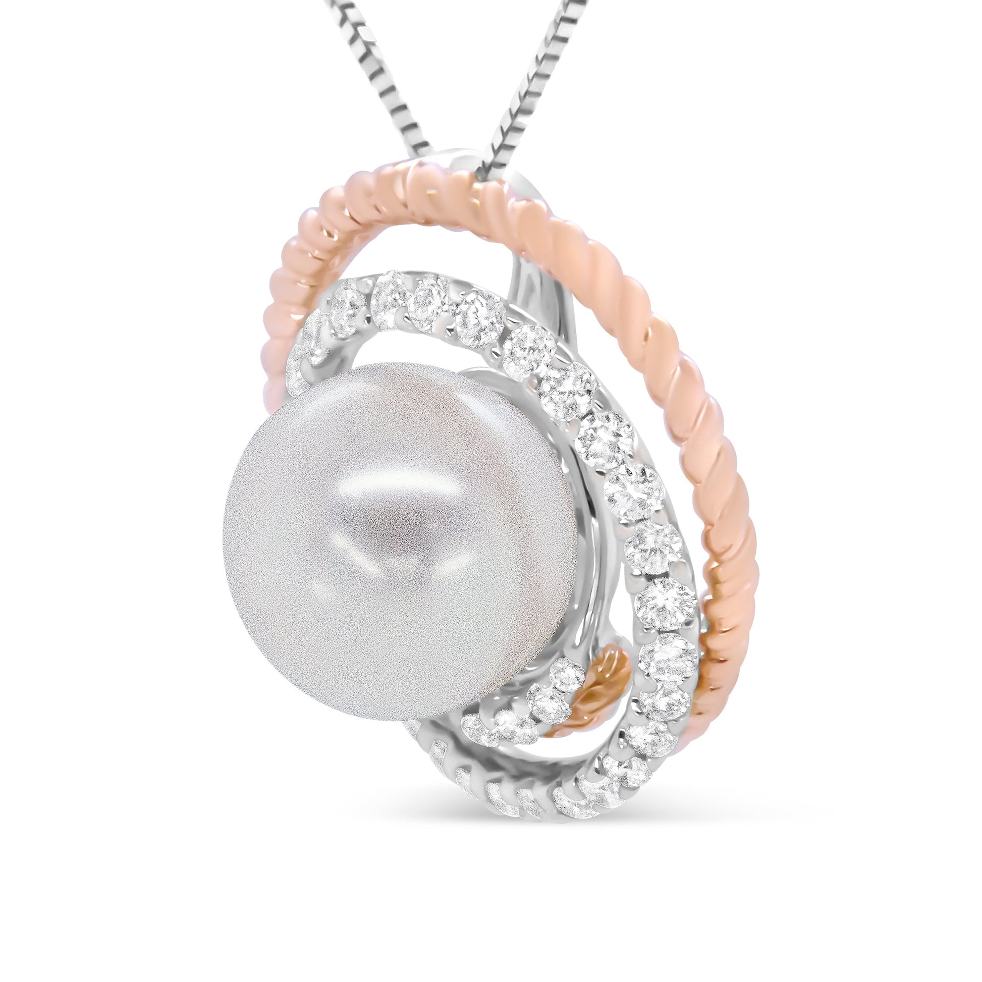 14K Rose and White Gold 3/8 Cttw Pave Diamond and 9mm Round Pearl Spiral Openwork 18" Pendant Necklace- (H-I Color, VS1-VS2 Clarity) Bids.com