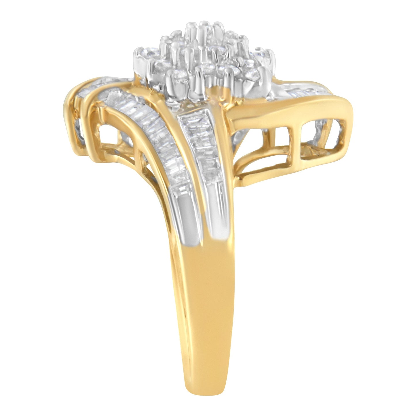 10K Yellow Gold Round and Baguette-Cut Diamond Bypass Cluster Ring (1.0 Cttw, I-J Color, I1-I2 Clarity) - Size 8 Bids.com