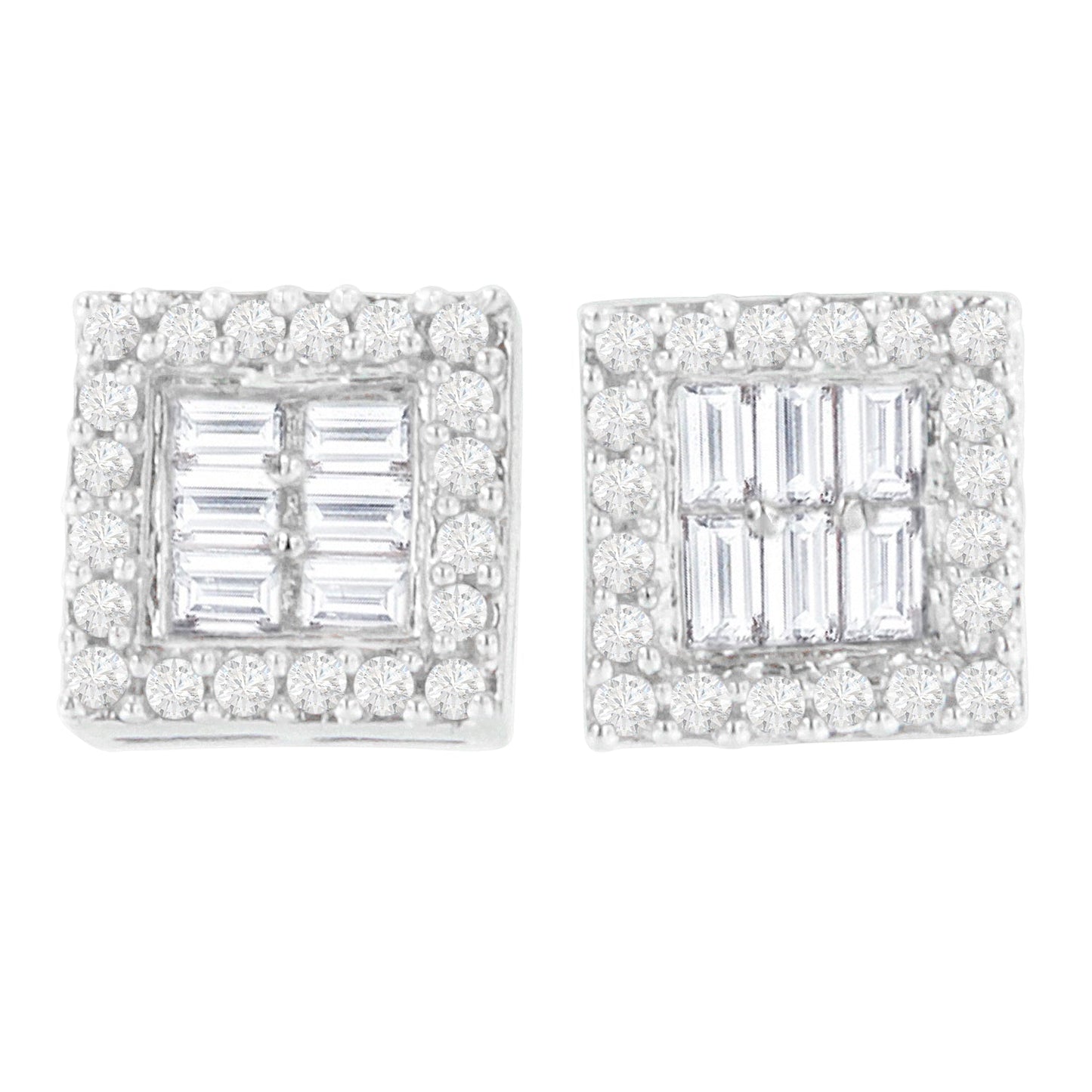 14K White Gold 1 cttw Round and Baguette Diamond Stud Earrings (H-I, SI1-SI2) Bids.com