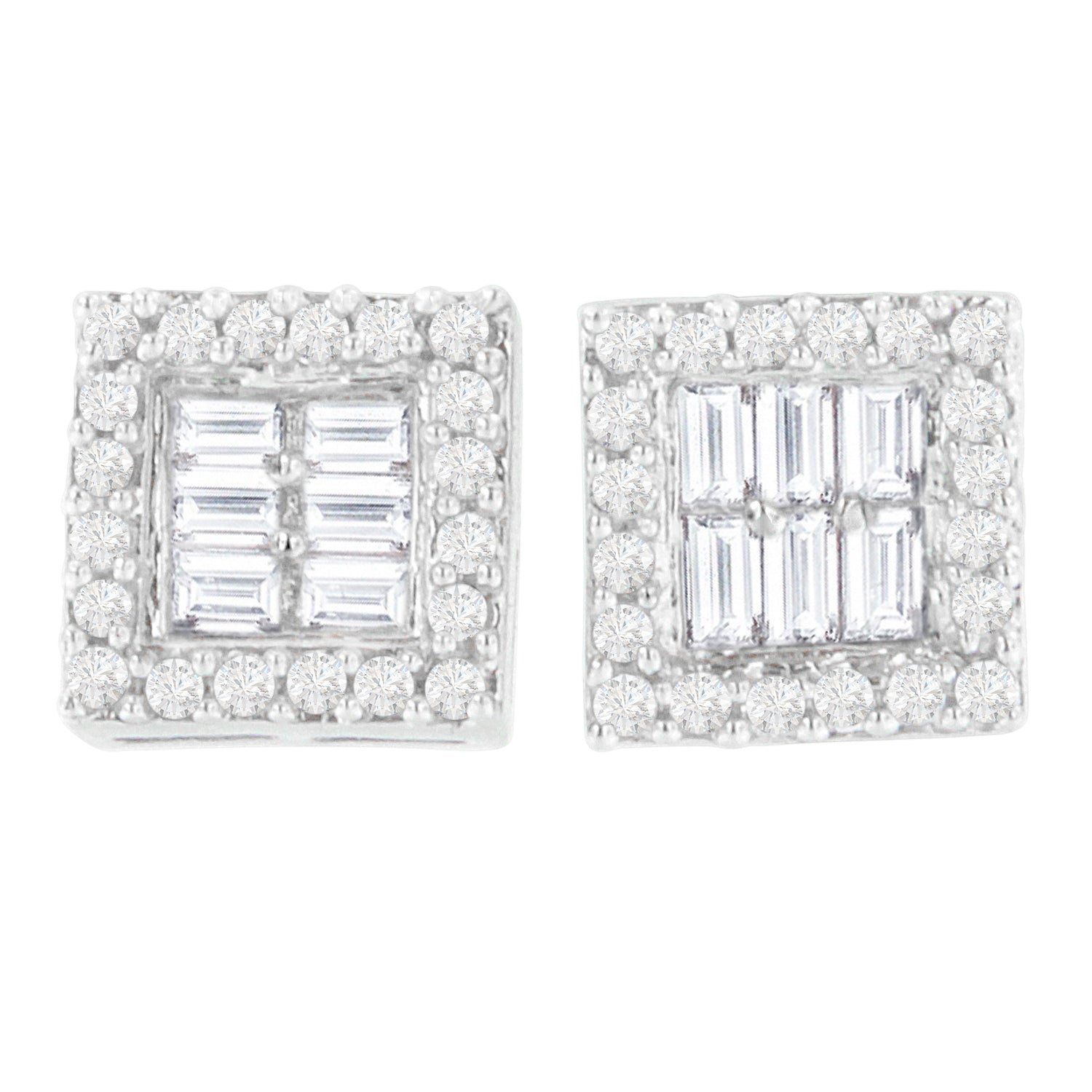 14K White Gold 1 cttw Round and Baguette Diamond Stud Earrings (H-I, SI1-SI2) Bids.com