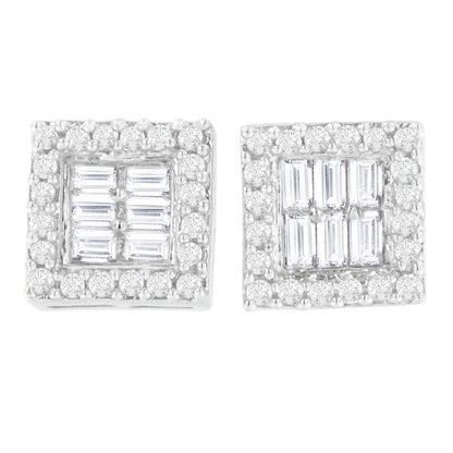 14K White Gold 1 cttw Round and Baguette Diamond Stud Earrings (H-I, SI1-SI2) Bids.com