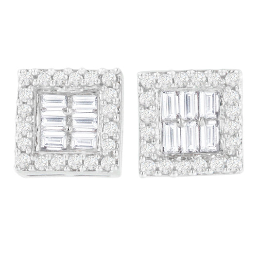 14K White Gold 1 cttw Round and Baguette Diamond Stud Earrings (H-I, SI1-SI2) Bids.com