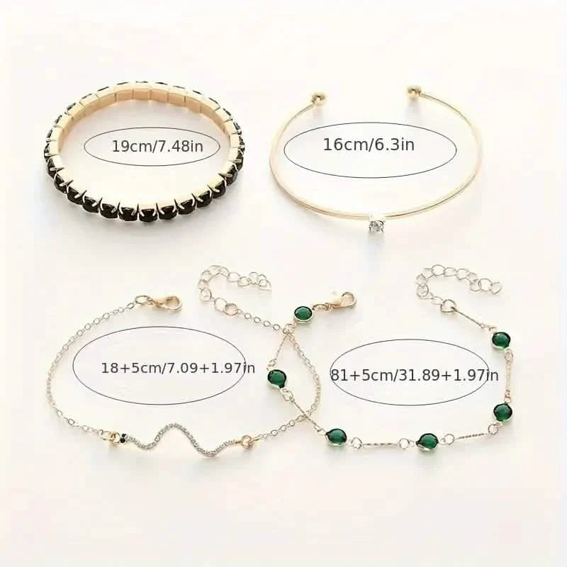 4pcs Green Emerald Rhinestone Snake Bracelet Set for Women DailySale