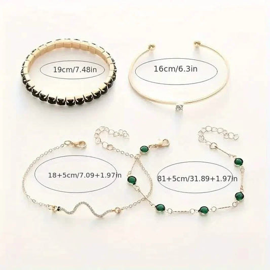 4pcs Green Emerald Rhinestone Snake Bracelet Set for Women DailySale