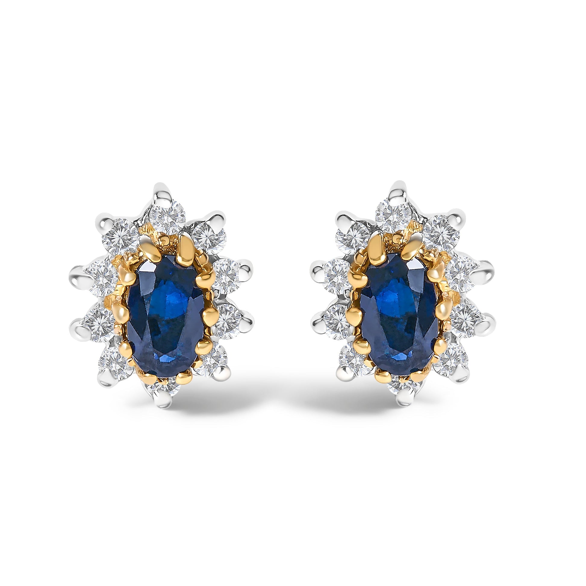 14K Yellow Gold 1/4 Cttw Diamond and Blue Sapphire Sunburst Halo Stud Earrings (K-L Color, I1-I2 Clarity) Bids.com