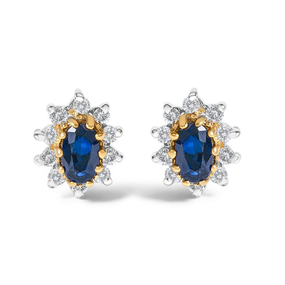 14K Yellow Gold 1/4 Cttw Diamond and Blue Sapphire Sunburst Halo Stud Earrings (K-L Color, I1-I2 Clarity) Bids.com