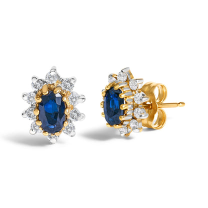 14K Yellow Gold 1/4 Cttw Diamond and Blue Sapphire Sunburst Halo Stud Earrings (K-L Color, I1-I2 Clarity) Bids.com